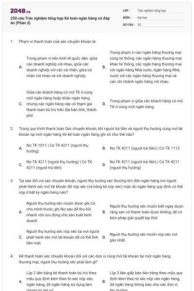 250 câu Trắc nghiệm tổng hợp Kế toán ngân hàng có đáp án (Phần 3)