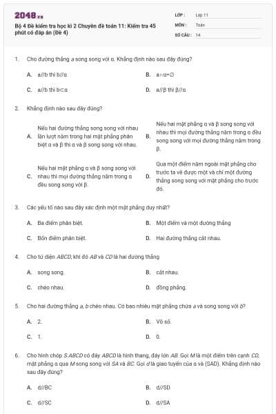 Bộ  4 Đề kiểm tra học kì 2 Chuyên đề toán 11: Kiểm tra 45 phút có đáp án (Đề 4)