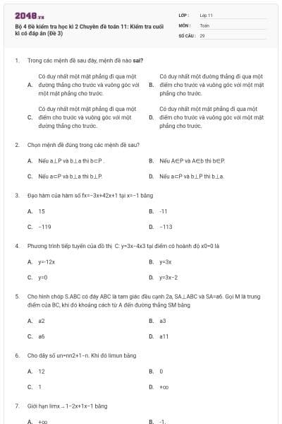 Bộ  4 Đề kiểm tra học kì 2 Chuyên đề toán 11: Kiểm tra cuối kì có đáp án (Đề 3)