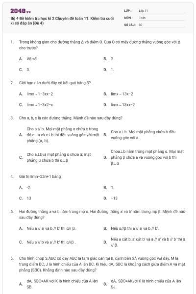 Bộ  4 Đề kiểm tra học kì 2 Chuyên đề toán 11: Kiểm tra cuối kì có đáp án (Đề 4)