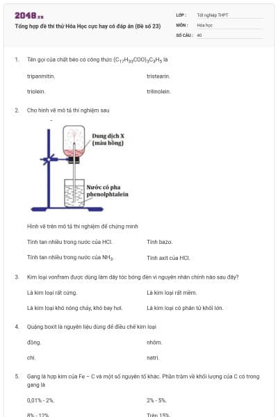 Tổng hợp đề thi thử Hóa Học cực hay có đáp án (Đề số 23)