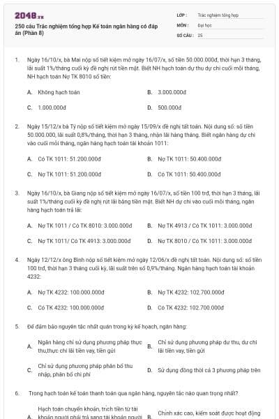 250 câu Trắc nghiệm tổng hợp Kế toán ngân hàng có đáp án (Phần 8)