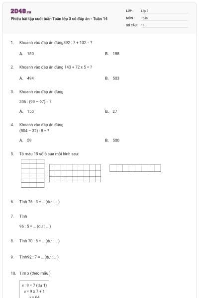 Phiếu bài tập cuối tuần Toán lớp 3 có đáp án - Tuần 14