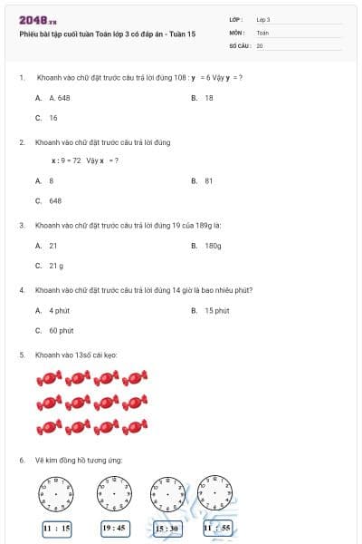 Phiếu bài tập cuối tuần Toán lớp 3 có đáp án - Tuần 15