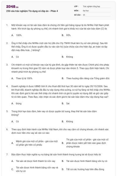 250 câu trắc nghiệm Tín dụng có đáp án - Phần 4