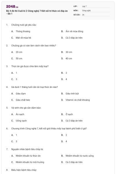 Bộ 4 đề thi Cuối kì 2 Công nghệ 7 Kết nối tri thức có đáp án - Đề 1