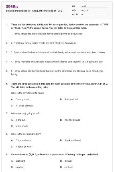 Đề kiểm tra giữa học kì 1 Tiếng Anh 10 có đáp án- Đề 2