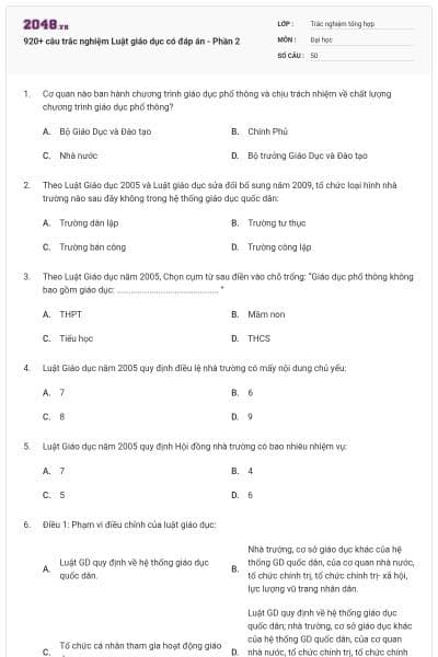 920+ câu trắc nghiệm Luật giáo dục có đáp án - Phần 2