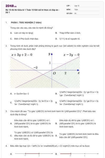 Bộ 10 đề thi Giữa kì 1 Toán 10 Kết nối tri thức có đáp án - Đề 1