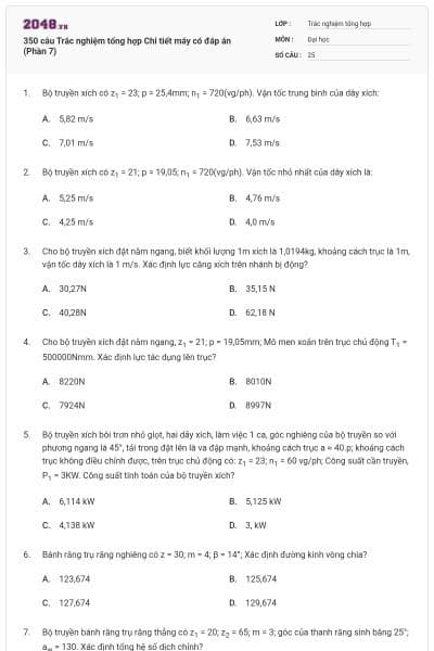350 câu Trắc nghiệm tổng hợp Chi tiết máy có đáp án (Phần 7)