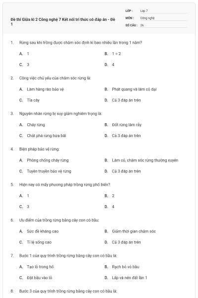 Đề thi Giữa kì 2 Công nghệ 7 Kết nối tri thức có đáp án - Đề 1
