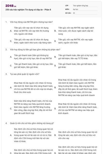 250 câu trắc nghiệm Tín dụng có đáp án - Phần 8
