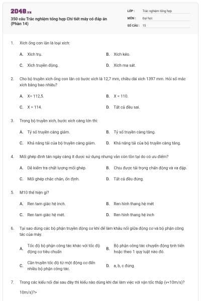 350 câu Trắc nghiệm tổng hợp Chi tiết máy có đáp án (Phần 14)