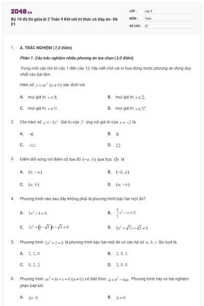 Bộ 10 đề thi giữa kì 2 Toán 9 Kết nối tri thức có đáp án- Đề 01