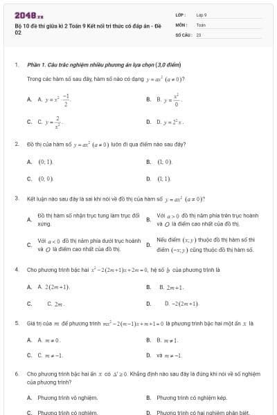 Bộ 10 đề thi giữa kì 2 Toán 9 Kết nối tri thức có đáp án - Đề 02