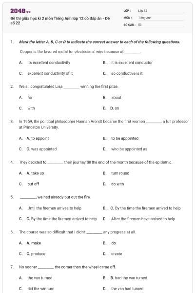 Đề thi giữa học kì 2 môn Tiếng Anh lớp 12 có đáp án - Đề số 22