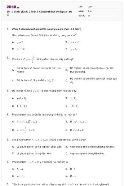 Bộ 10 đề thi giữa kì 2 Toán 9 Kết nối tri thức có đáp án - Đề 03