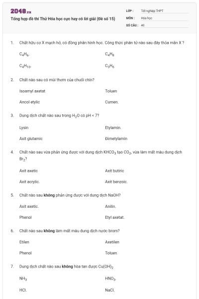 Tổng hợp đề thi Thử Hóa học cực hay có lời giải (Đề số 15)