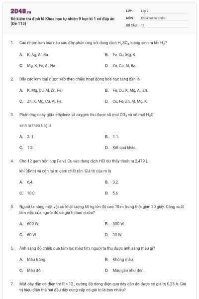 Đề kiểm tra định kì Khoa học tự nhiên 9 học kì 1 có đáp án (Đề 115)