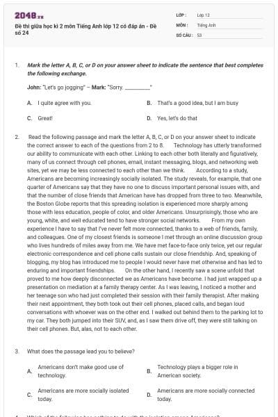 Đề thi giữa học kì 2 môn Tiếng Anh lớp 12 có đáp án - Đề số 24