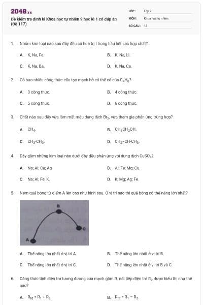 Đề kiểm tra định kì Khoa học tự nhiên 9 học kì 1 có đáp án (Đề 117)