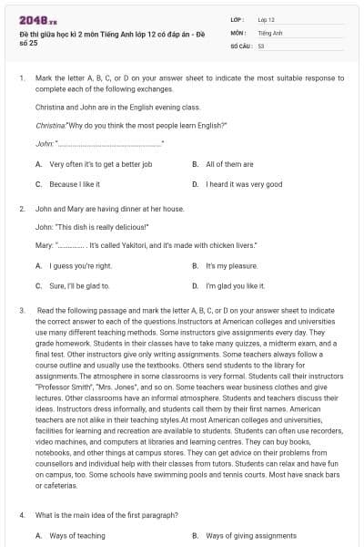 Đề thi giữa học kì 2 môn Tiếng Anh lớp 12 có đáp án - Đề số 25