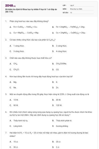 Đề kiểm tra định kì Khoa học tự nhiên 9 học kì 1 có đáp án (Đề 116)