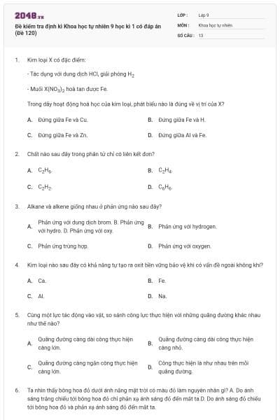 Đề kiểm tra định kì Khoa học tự nhiên 9 học kì 1 có đáp án (Đề 120)