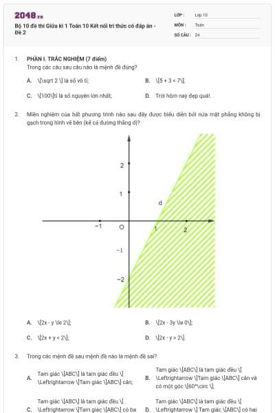 Bộ 10 đề thi Giữa kì 1 Toán 10 Kết nối tri thức có đáp án - Đề 2