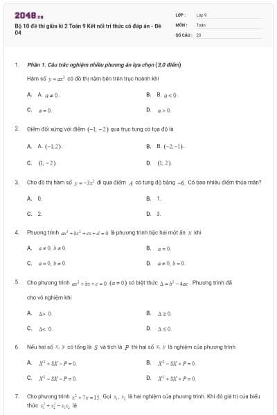 Bộ 10 đề thi giữa kì 2 Toán 9 Kết nối tri thức có đáp án - Đề 04