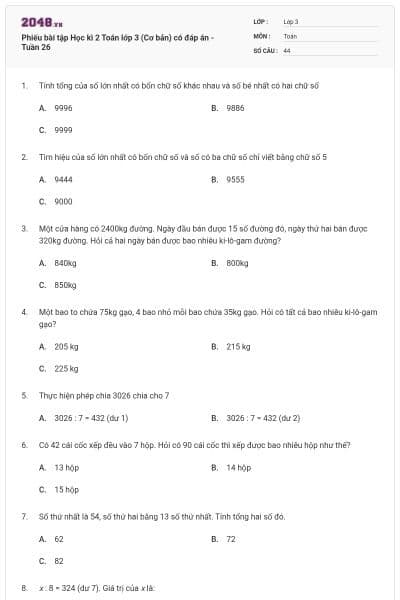 Phiếu bài tập Học kì 2 Toán lớp 3 (Cơ bản) có đáp án - Tuần 26