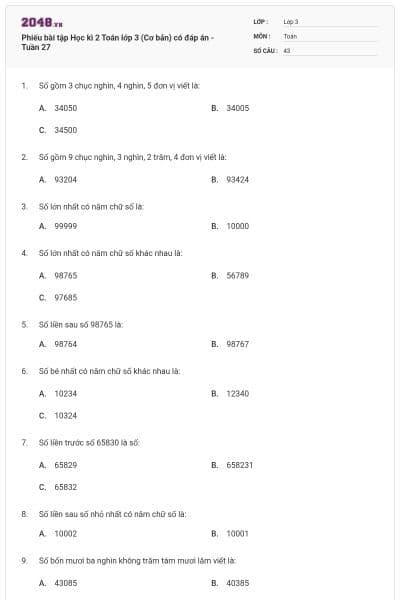 Phiếu bài tập Học kì 2 Toán lớp 3 (Cơ bản) có đáp án - Tuần 27