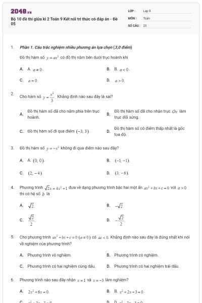 Bộ 10 đề thi giữa kì 2 Toán 9 Kết nối tri thức có đáp án - Đề 05