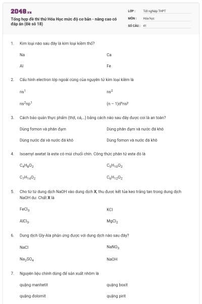 Tổng hợp đề thi thử Hóa Học mức độ cơ bản - nâng cao có đáp án (Đề sô 18)