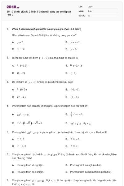 Bộ 10 đề thi giữa kì 2 Toán 9 Chân trời sáng tạo có đáp án - Đề 01