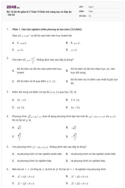 Bộ 10 đề thi giữa kì 2 Toán 9 Chân trời sáng tạo có đáp án - Đề 02