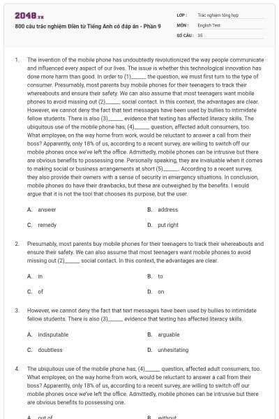 800 câu trắc nghiệm Điền từ Tiếng Anh có đáp án - Phần 9