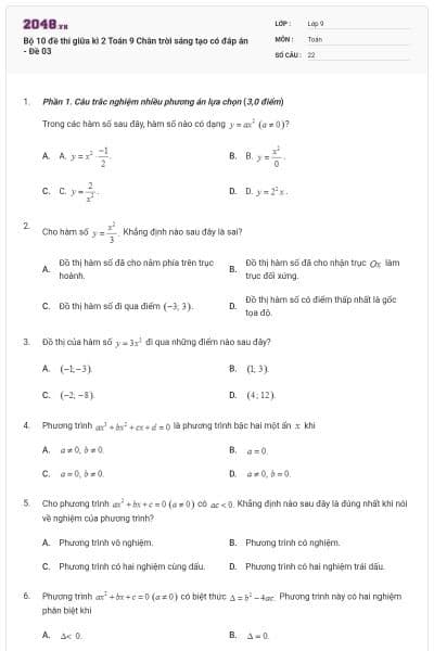 Bộ 10 đề thi giữa kì 2 Toán 9 Chân trời sáng tạo có đáp án - Đề 03