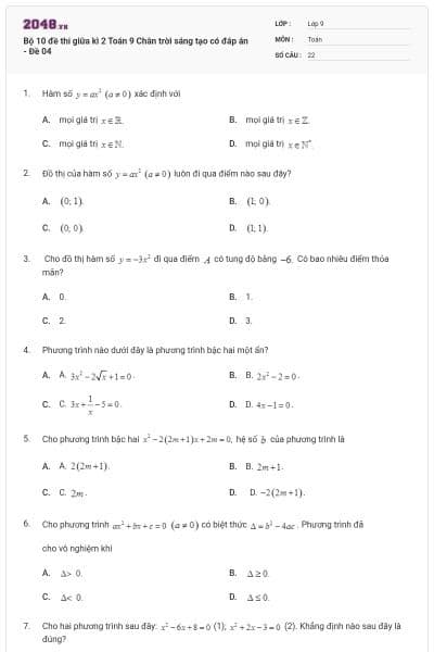 Bộ 10 đề thi giữa kì 2 Toán 9 Chân trời sáng tạo có đáp án - Đề 04