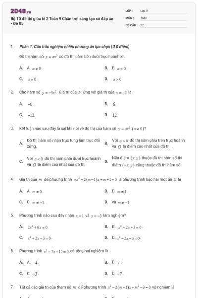 Bộ 10 đề thi giữa kì 2 Toán 9 Chân trời sáng tạo có đáp án - Đề 05