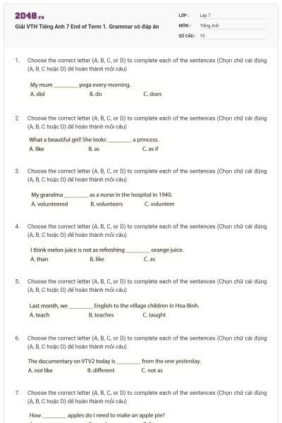 Giải VTH Tiếng Anh 7 End of Term 1. Grammar có đáp án
