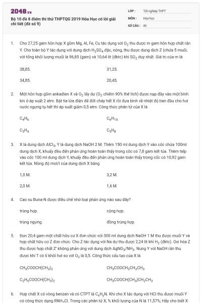 Bộ 10 đề 8 điểm thi thử THPTQG 2019 Hóa Học có lời giải chi tiết (đề số 9)