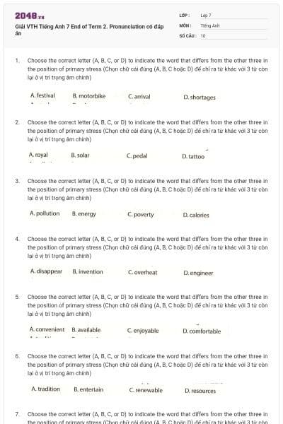 Giải VTH Tiếng Anh 7 End of Term 2. Pronunciation có đáp án