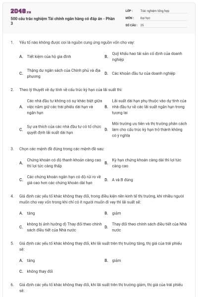 500 câu trắc nghiệm Tài chính ngân hàng có đáp án - Phần 3