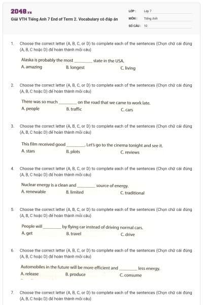 Giải VTH Tiếng Anh 7 End of Term 2. Vocabulary có đáp án