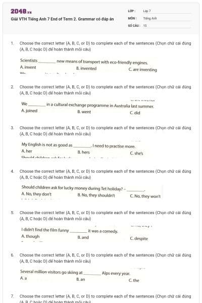 Giải VTH Tiếng Anh 7 End of Term 2. Grammar có đáp án