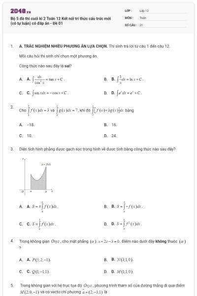 Bộ 5 đề thi cuối kì 2 Toán 12 Kết nối tri thức cấu trúc mới (có tự luận) có đáp án - Đề 01
