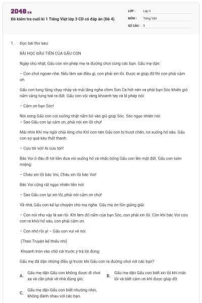 Đề kiểm tra cuối kì 1 Tiếng Việt lớp 3 CD có đáp án (Đề 4)
