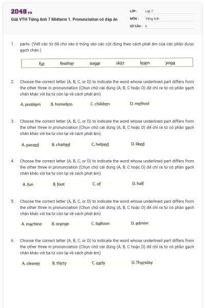 Giải VTH Tiếng Anh 7 Midterm 1. Pronunciation có đáp án