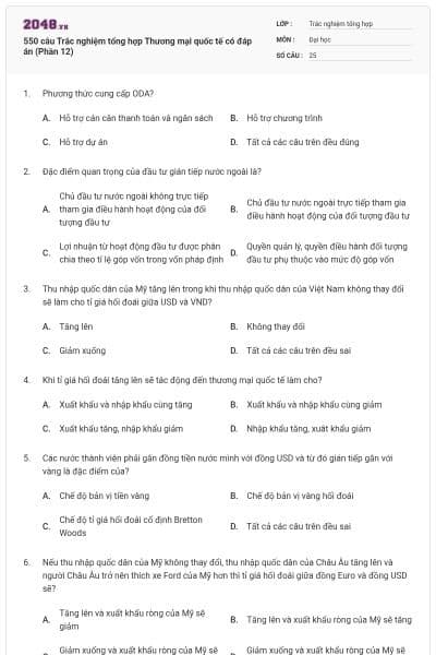 550 câu Trắc nghiệm tổng hợp Thương mại quốc tế có đáp án (Phần 12)